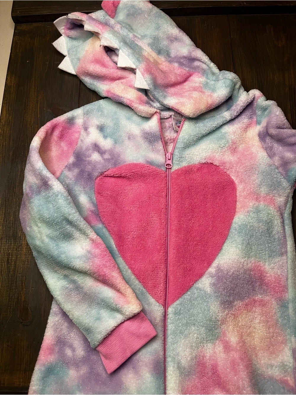 Girls' Pink Heart Tie-Dye Plush Hooded Zip-Up Top Onsie